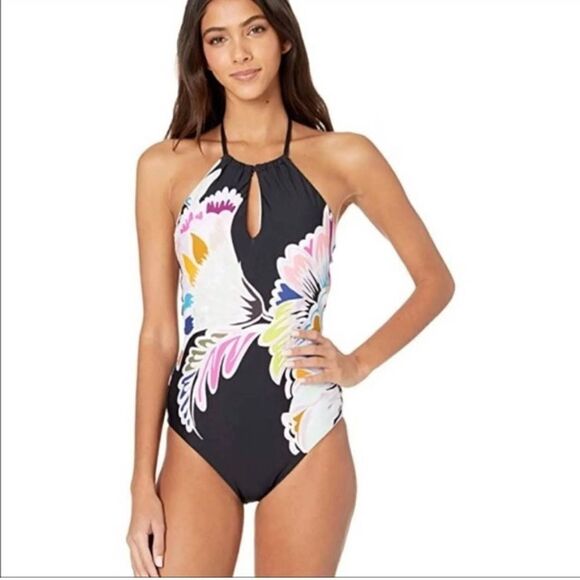 Trina Turk black floral one piece halter lined‎ bathing swim suit, size by 22W - Picture 1 of 13